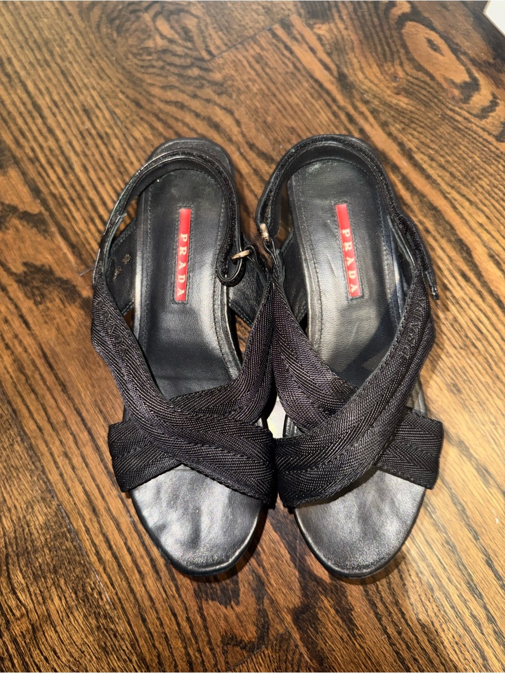 Prada Black Crisscross Fabric Slingback Wedges - 36.5